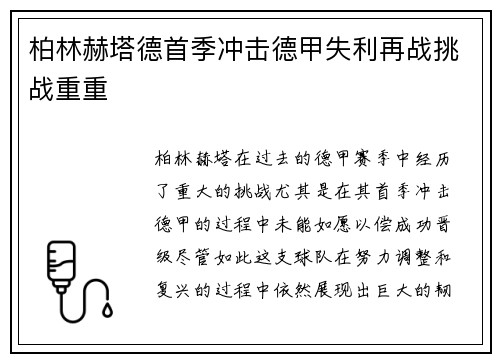 柏林赫塔德首季冲击德甲失利再战挑战重重