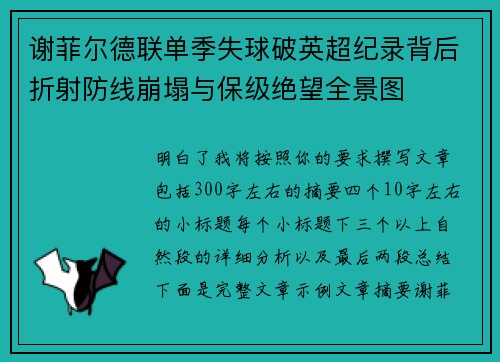 谢菲尔德联单季失球破英超纪录背后折射防线崩塌与保级绝望全景图
